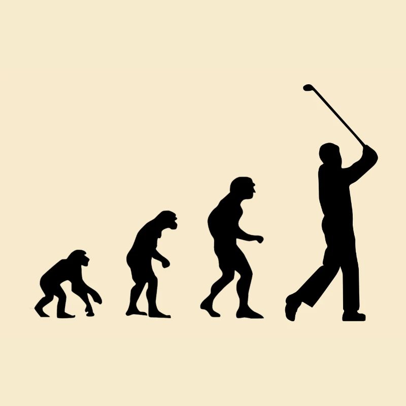 Evolution, monkeys to golfers, golf, tee, man