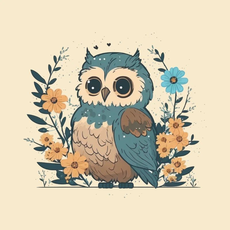 Hibou mignon dans la forêt de fleurs 1
