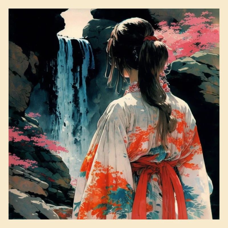 Femme en kimono devant une cascade