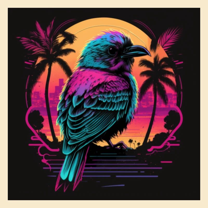 Oiseau aux couleurs néon, synthwave / 80s