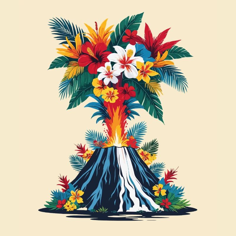 Vulkanausbruch mit Blumen bunt