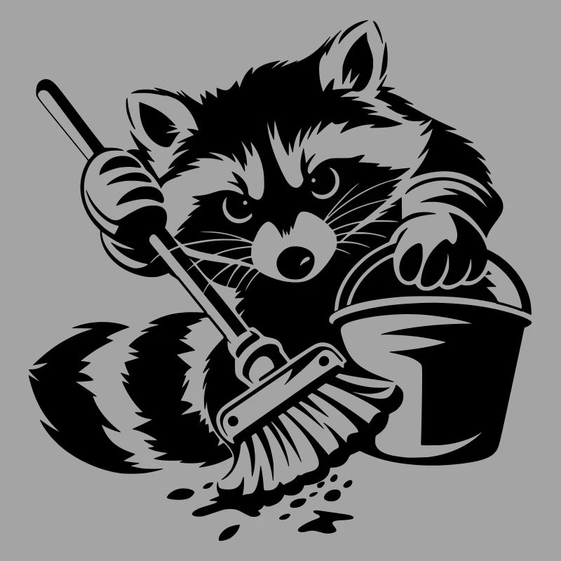 Waschbär mit Eimer & Mopp