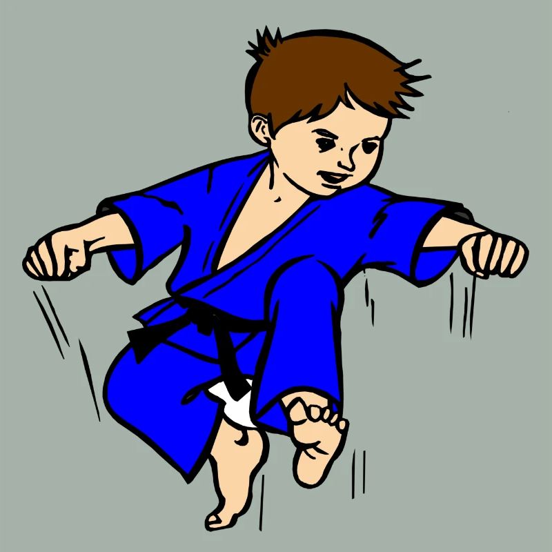 Blauer Anzug Karatekind oder Judokind mit schwarzem Gürtel