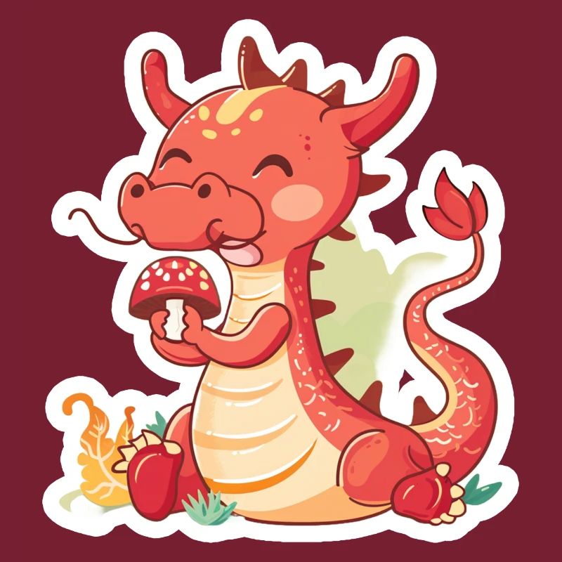 Petit dragon chinois mangeant un champignon