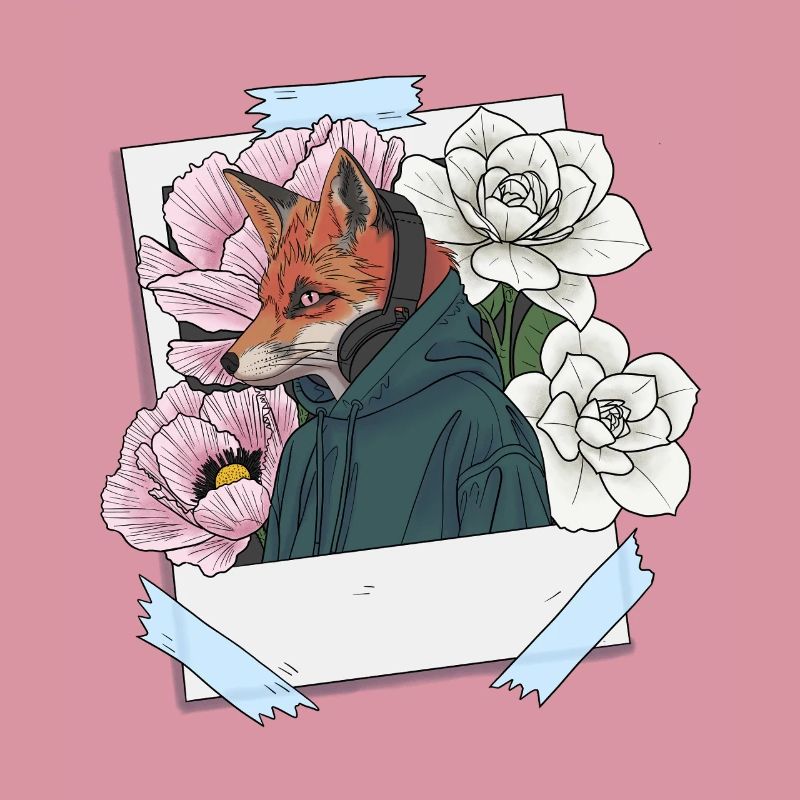 Fuchs mit Kopfhörern und Blumenthema