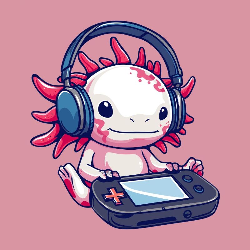 Axolotl mit Kopfhörern und Gaming-Controller