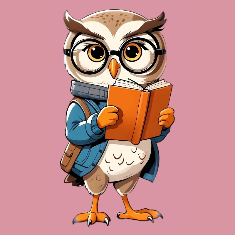 Lernende Eule mit Brille liest Buch