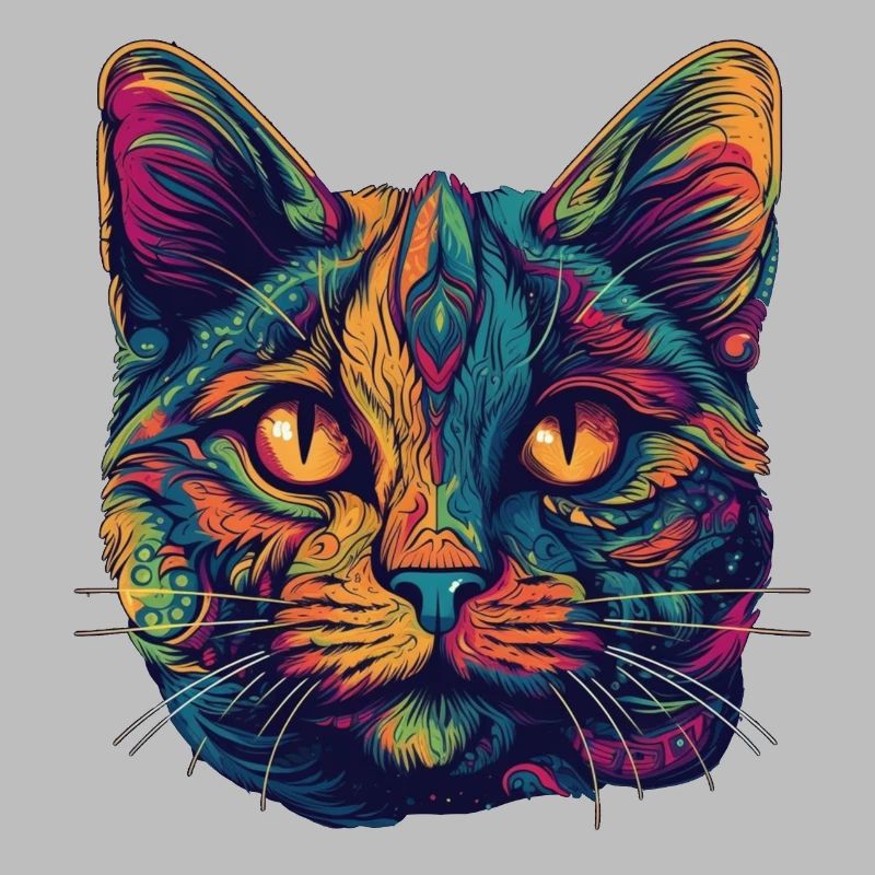 Psychedelic cat face with colorful patterns