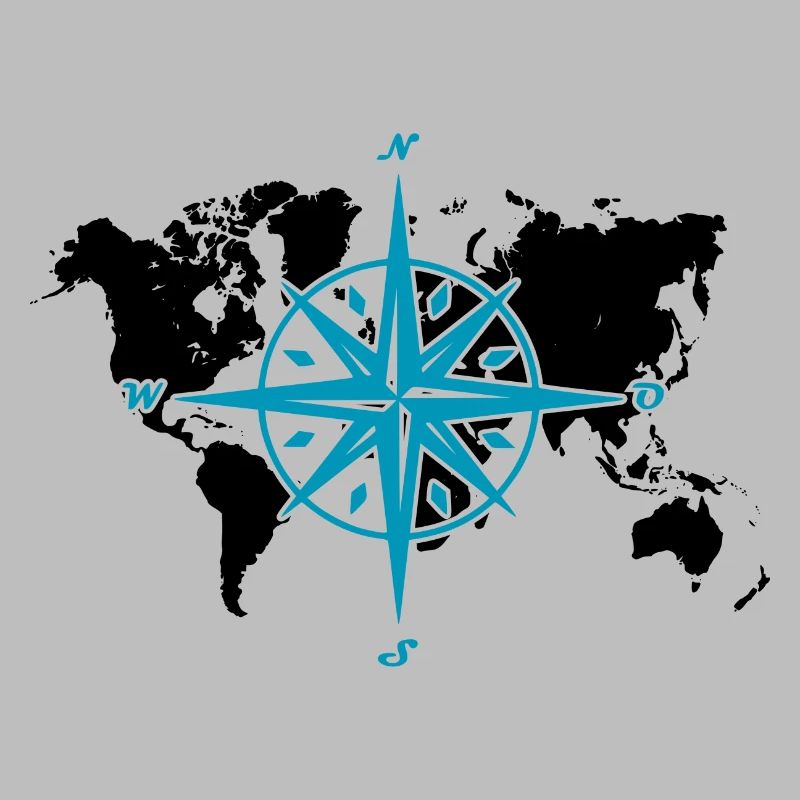 Windrose oder Kompassrose mit schwarzer Weltkarte