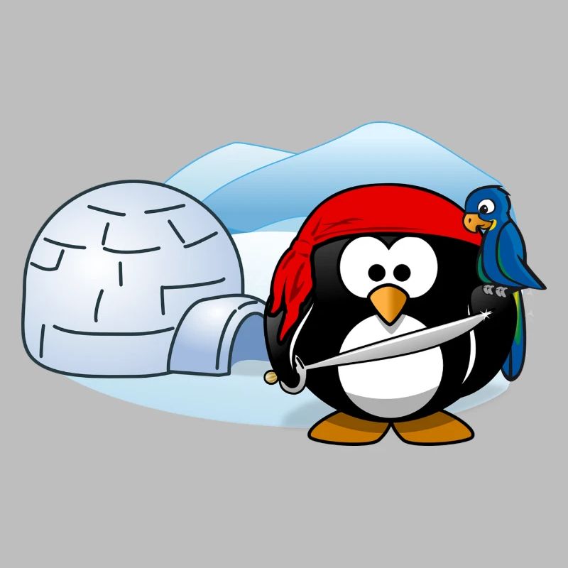 Pirate Penguin avec l'épée, perroquet et igloo.