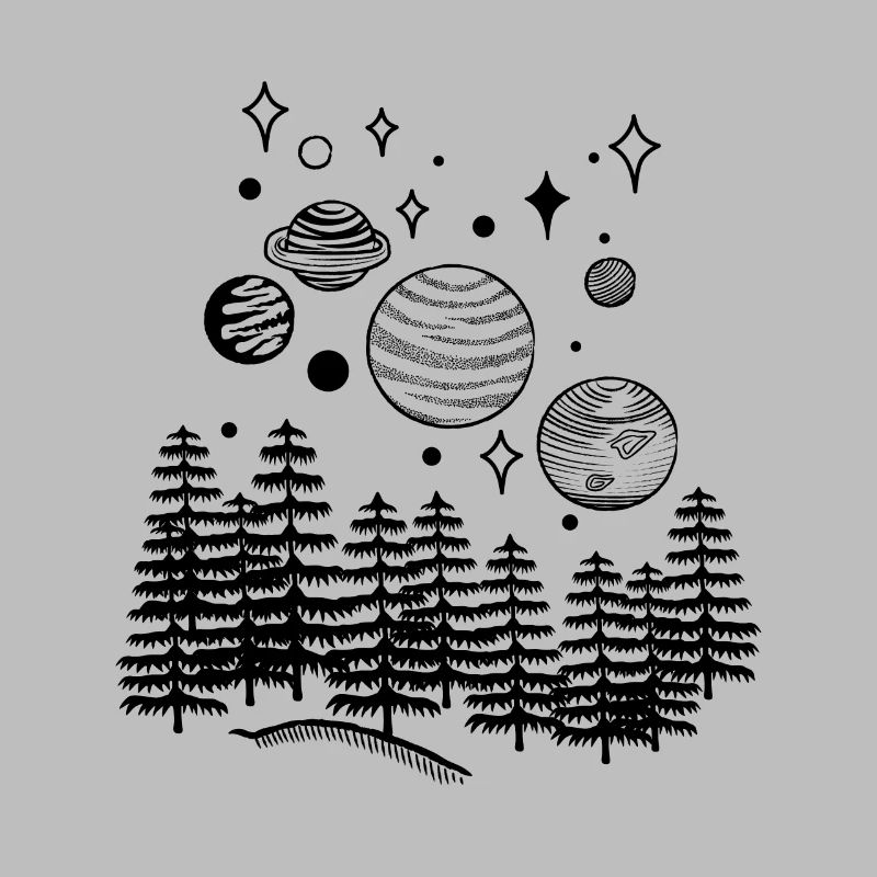 Planet solar system forest starry night sky