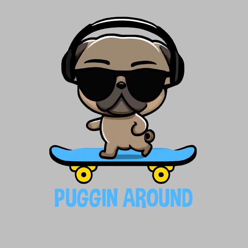 Lustiger Mops auf Skateboard mit Kopfhörern