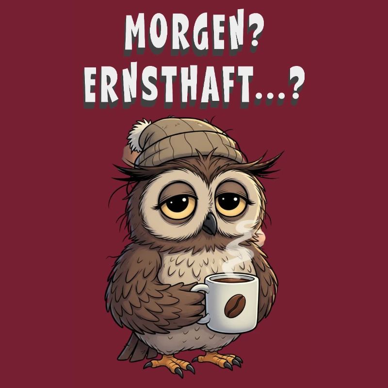 Morgen? Ernsthaft? Müde Eule mit Kaffee