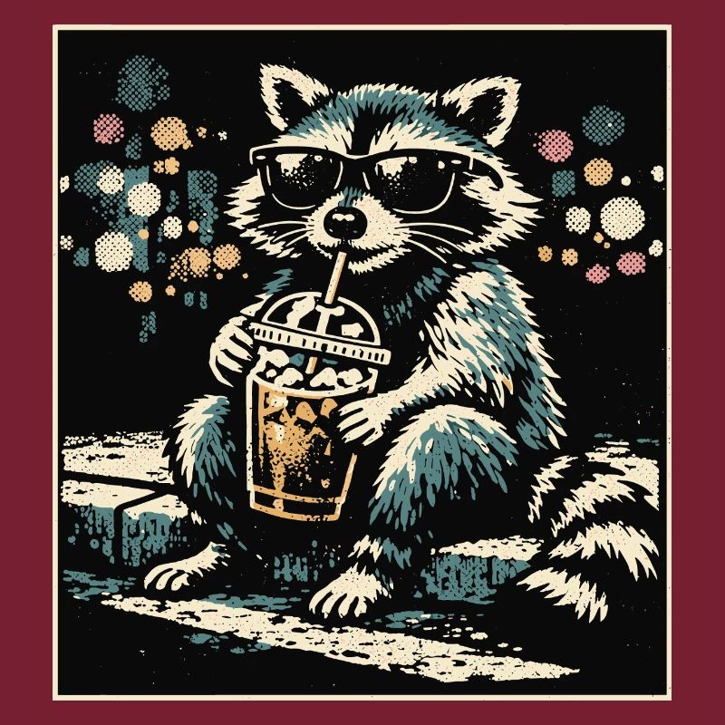 Lustiger Waschbär trinkt Eiskaffee