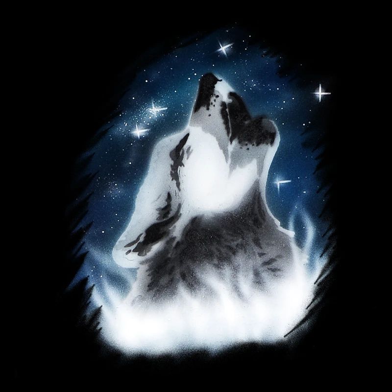 Loup pleurnichant dans le ciel nocturne conception aérographe