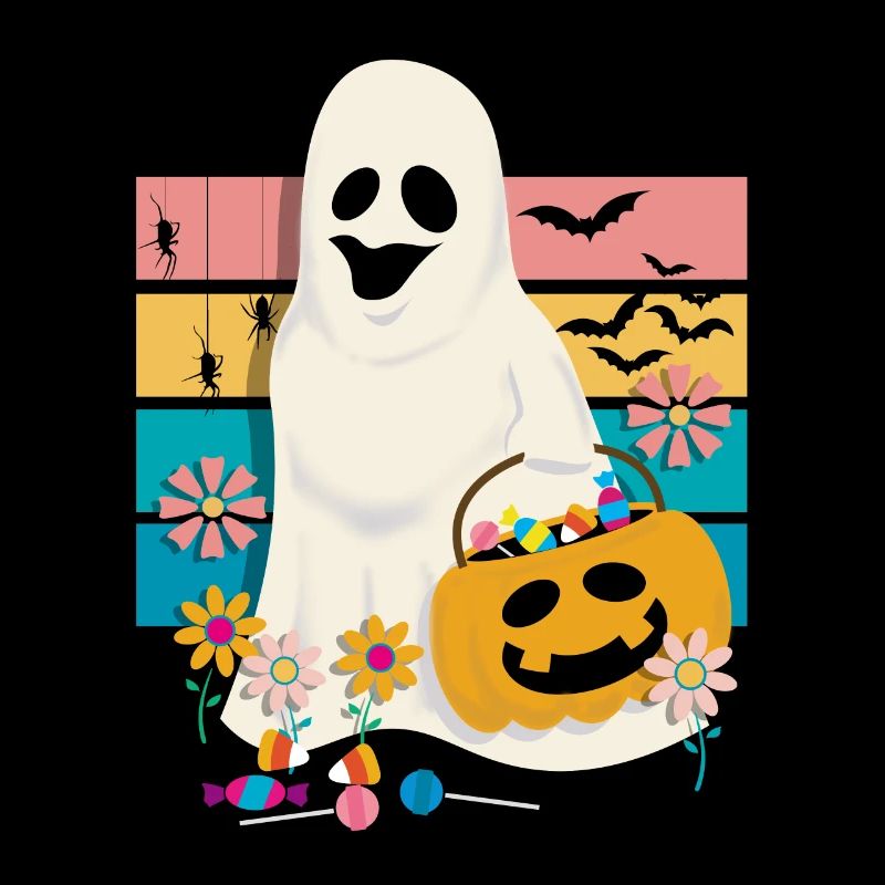 Groovy flower ghost holding pumpkin with candy