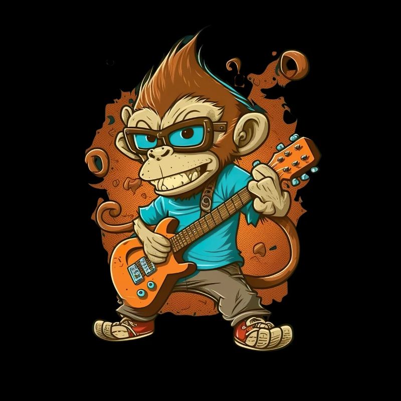 Affe Schimpanse spielt Acousitc Rock Gitarre