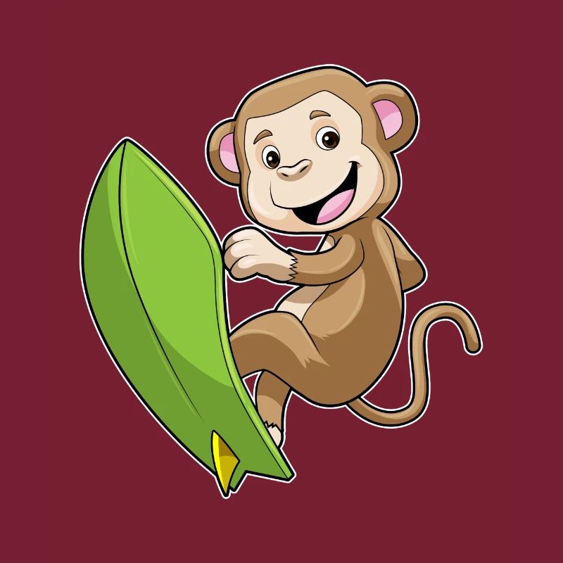 Affe als Surfer mit Surfbrett