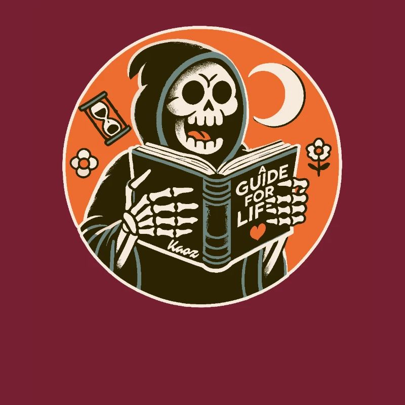Grim Reaper reads guidebook book for life