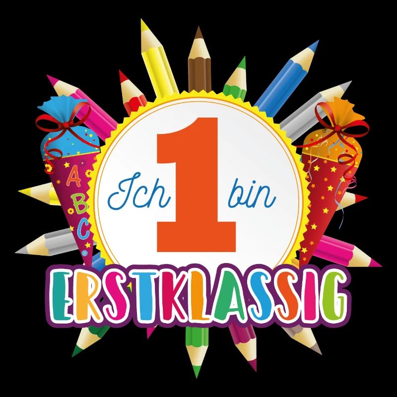 Emblem Erstklassig mit Buntstiften und Schultüten