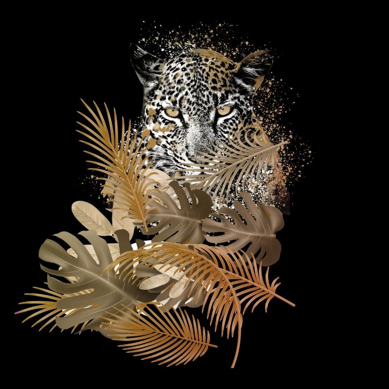 léopard, chat, chat sauvage, peinture, feuilles, or