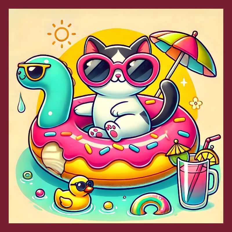 Chat Mignon sur Bouée Piscine Colorée