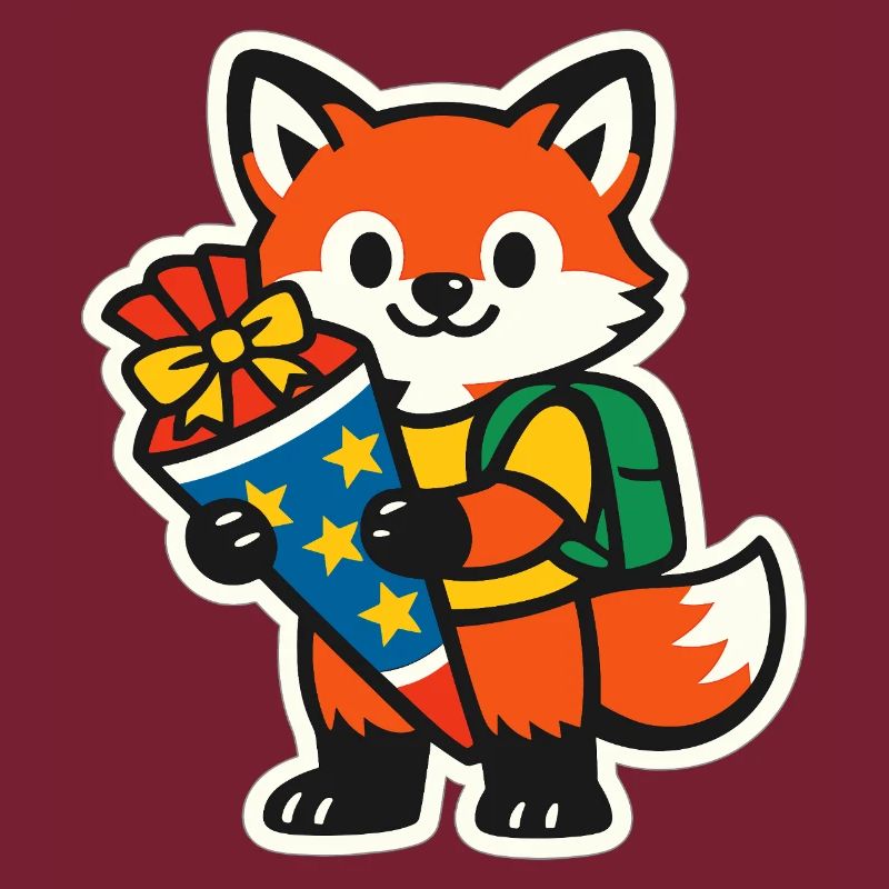 Fox with gift and backpack school enrollment