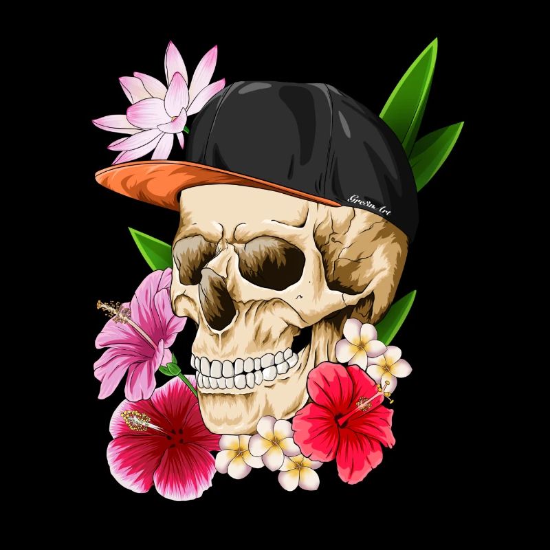 Crâne avec chapeau et fleurs