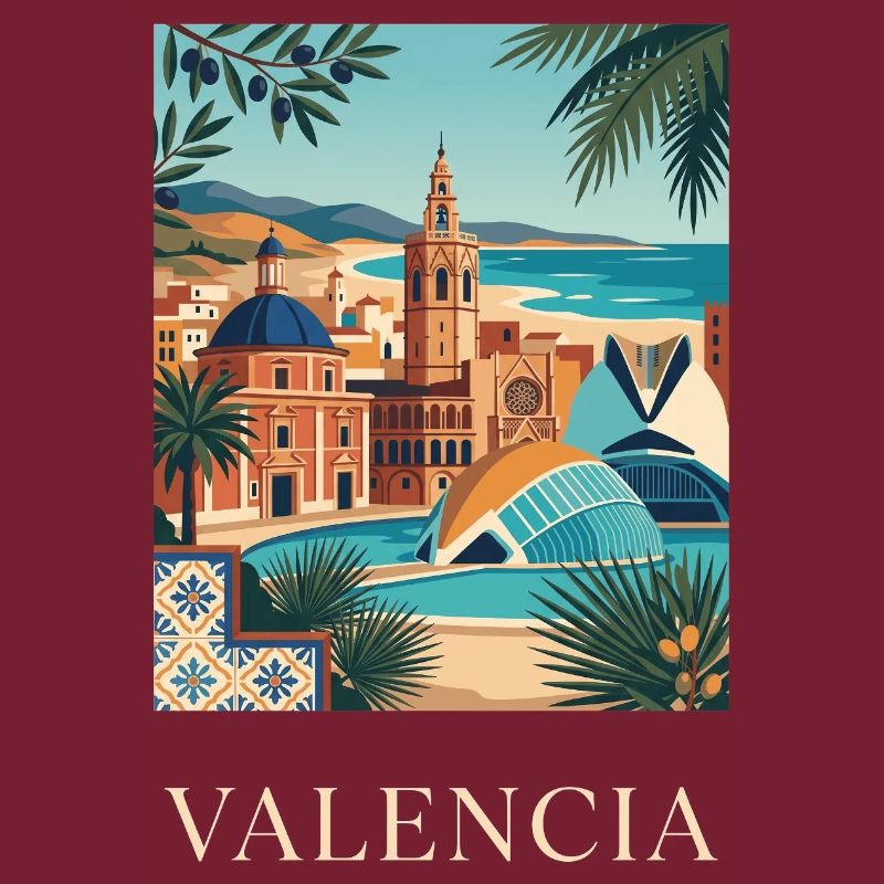 Affiche de voyage sur l’architecture côtière de Valence en Espagne