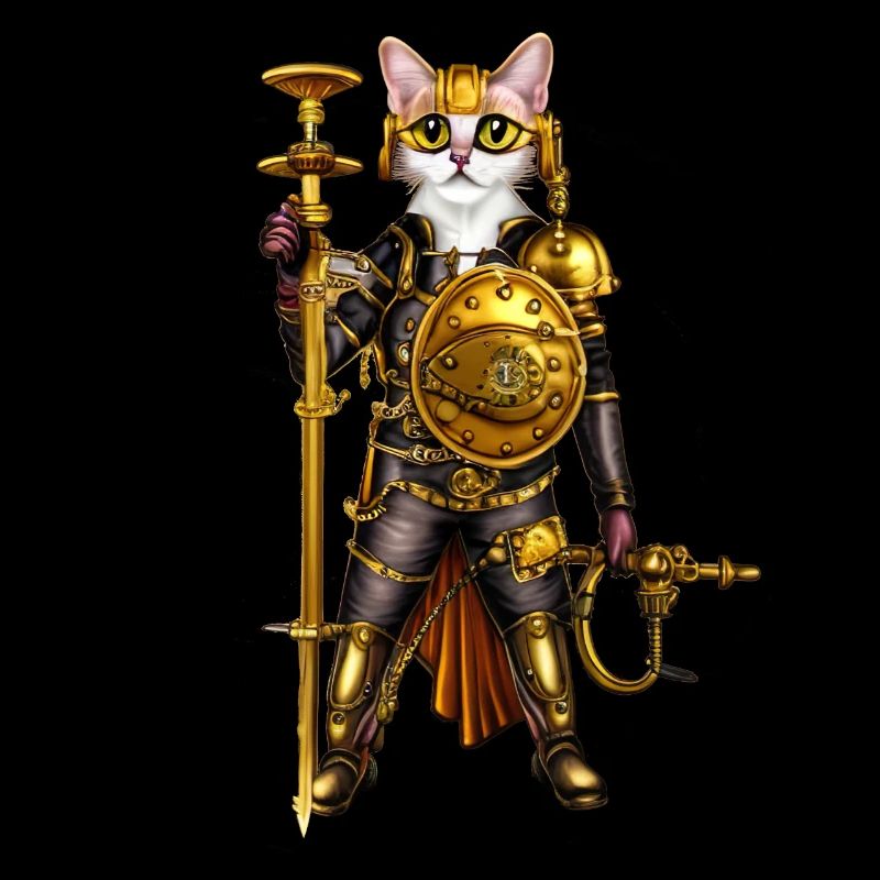 Chat d’anime avec casque, épée longue