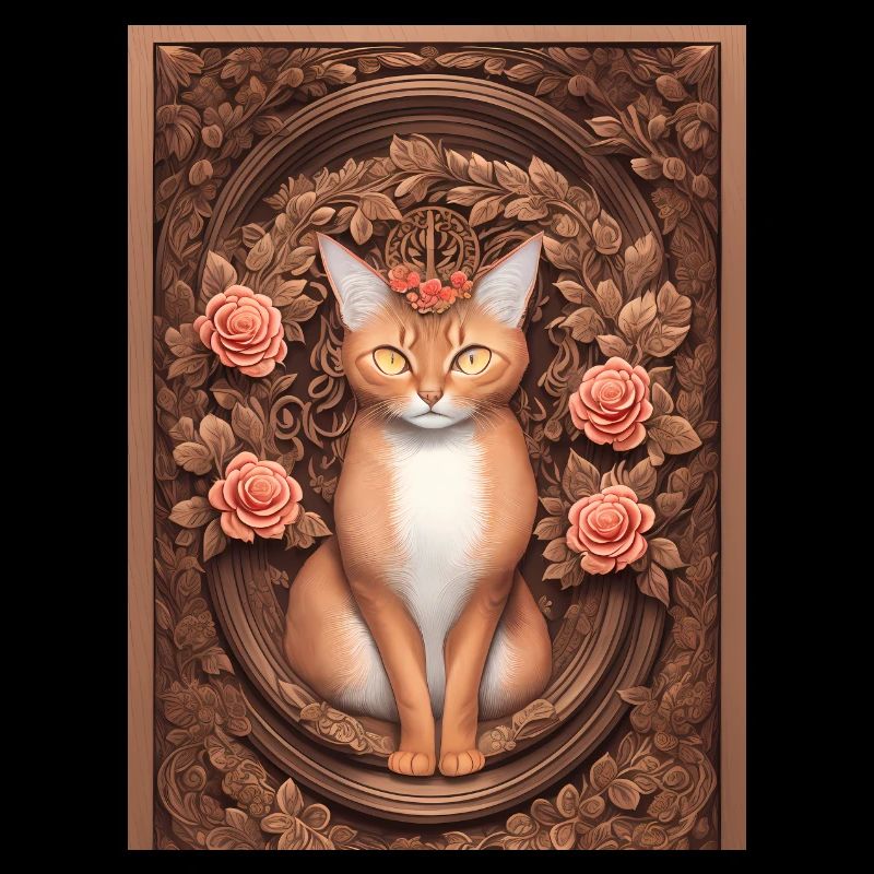 Gravure sur bois d’un chat avec des roses