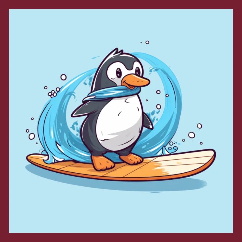 Pingouin de surf mignon sur une planche de surf
