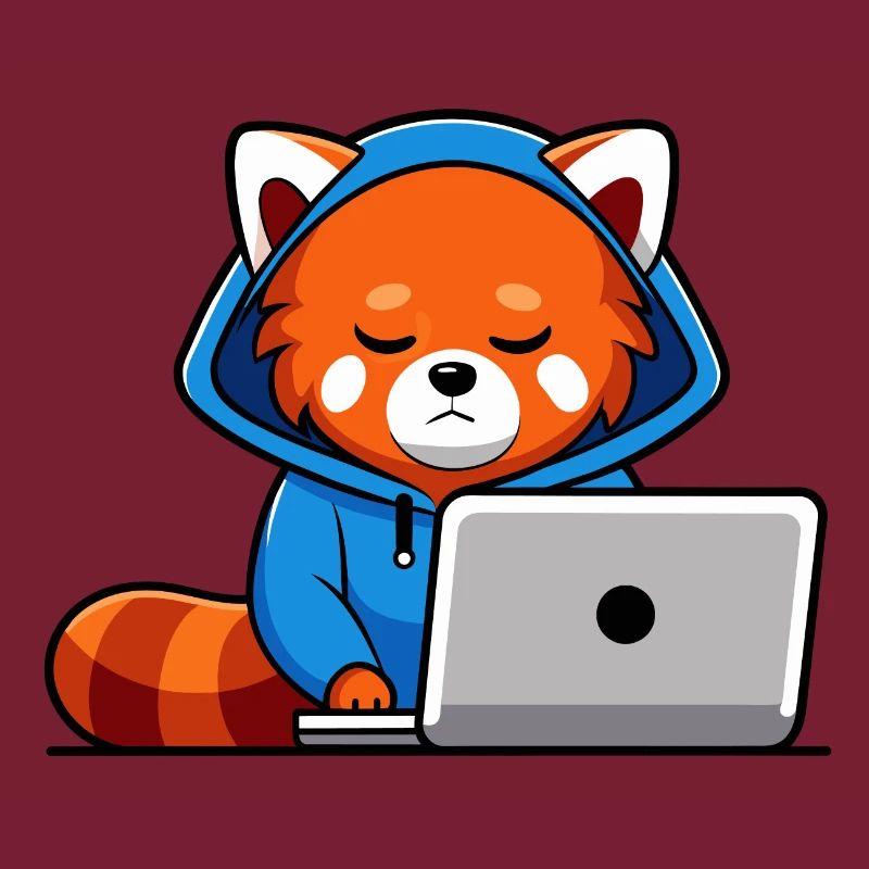 Mignon hacker panda roux en sweat à capuche devant PC