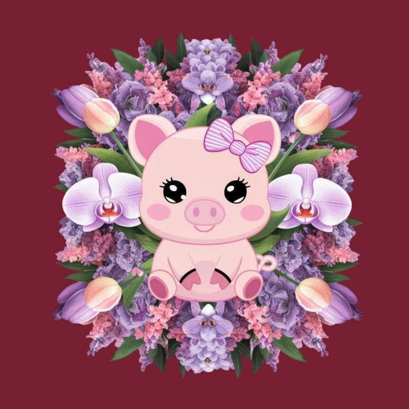 Cochon de style kawaii de dessin animé avec des orchidées
