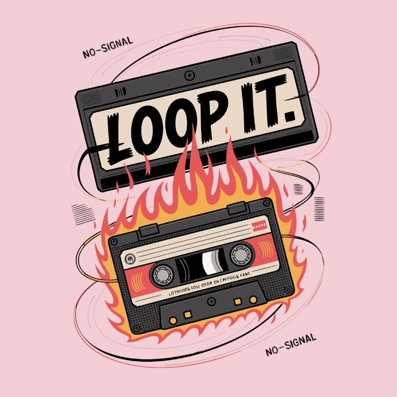 Retro cassette with "Loop It" flame design