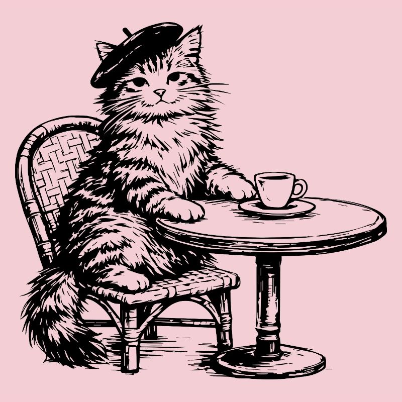 Chat avec béret dans un café au design rétro