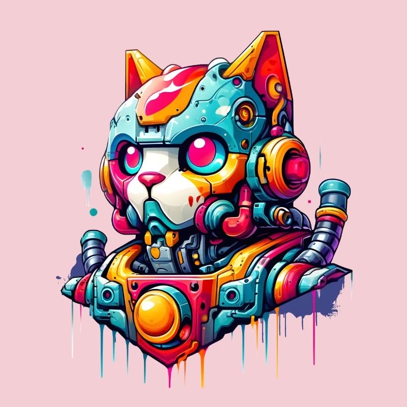 Chat conçu comme un robot dans le style graffiti de la bande dessinée