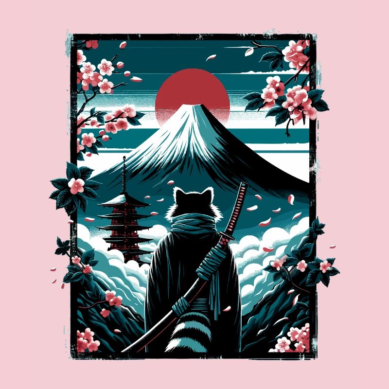 Chat avec une épée de samouraï devant Fuji