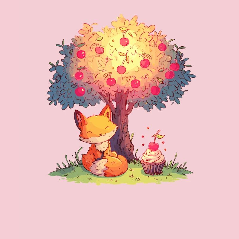 Fox on the apple tree with cupcake