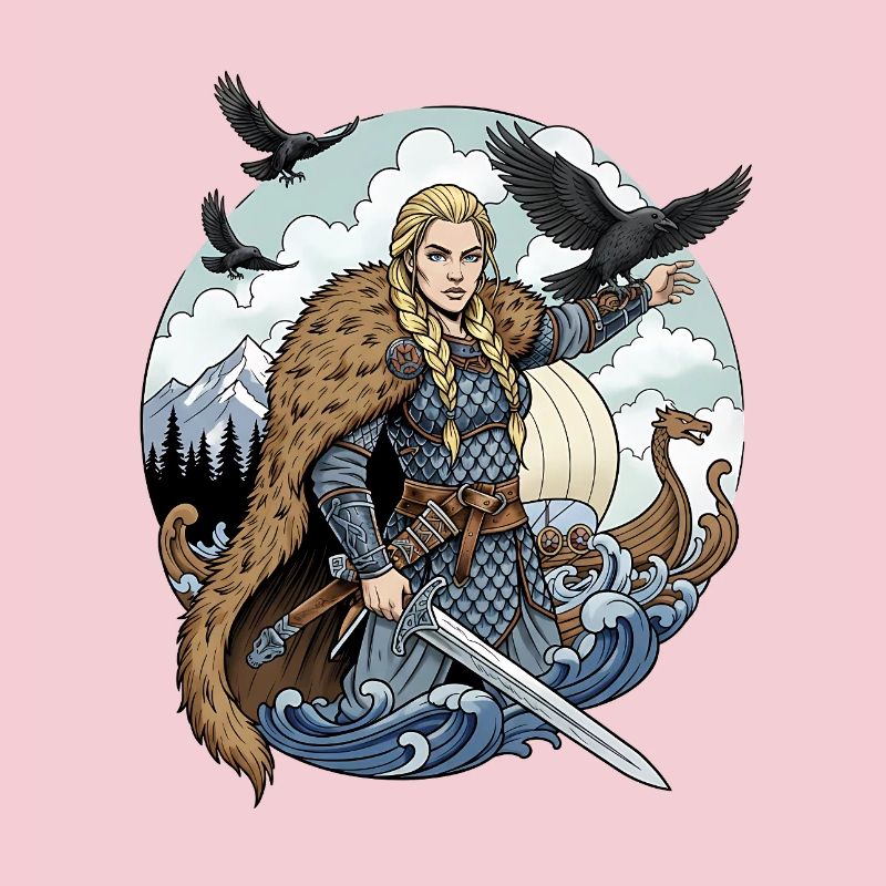 Femme viking armée d’une épée dans la tempête