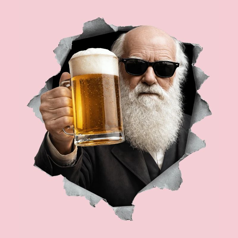 Charles Darwin hält ein Bier