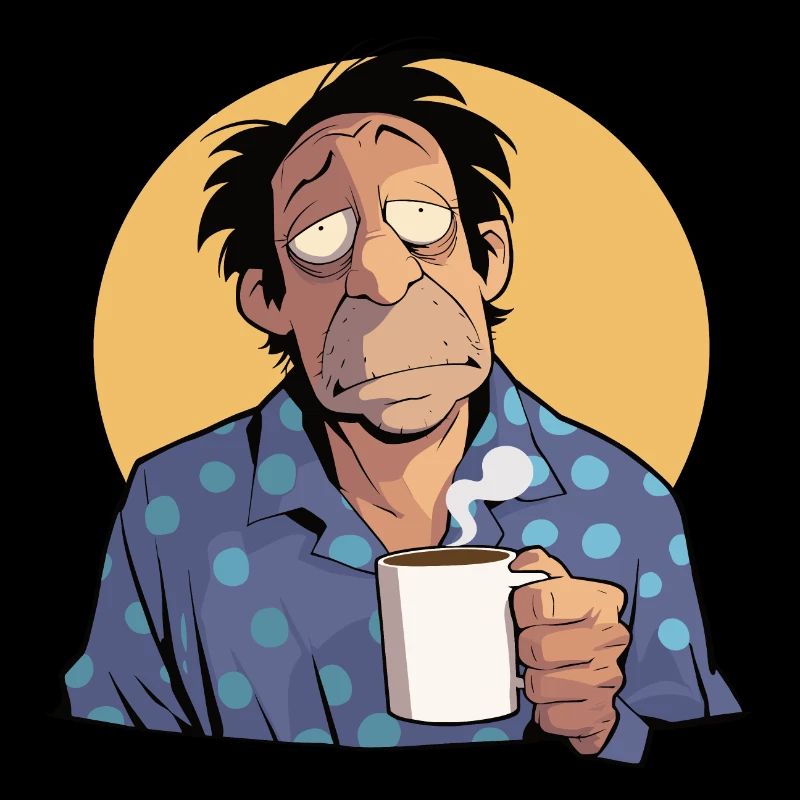 Man overslept, coffee in hand