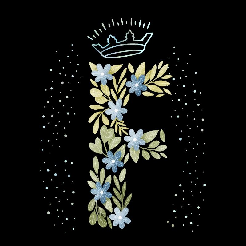 Monogramm Buchstabe F mit Krone, florales Ornament