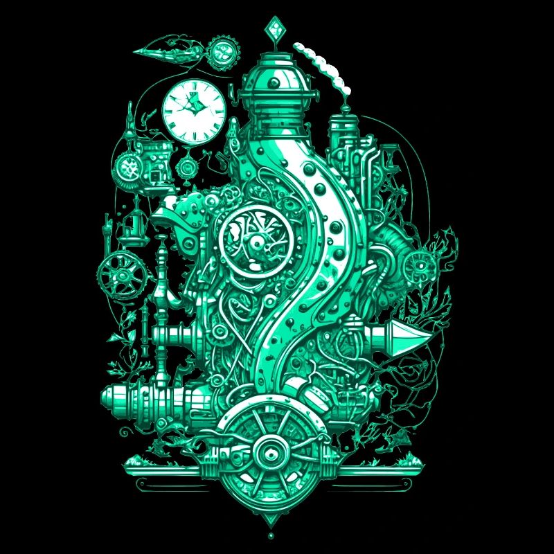 Steampunk steam engine with clockwork and technology