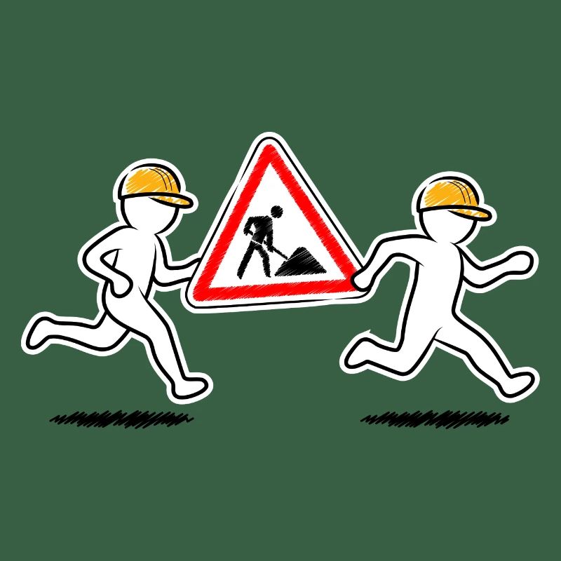 Two construction workers carry a construction site sign