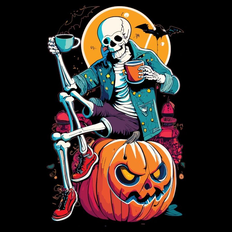Skeleton on pumpkin - Halloween-style coffee break