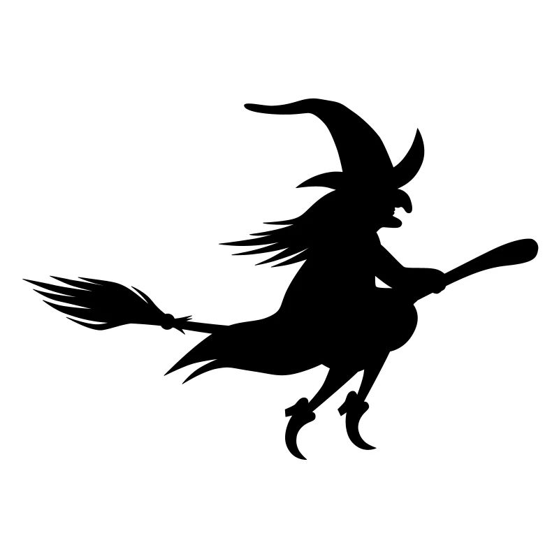 Fliegende alte Hexe auf einem Besen / schwarz-weiß