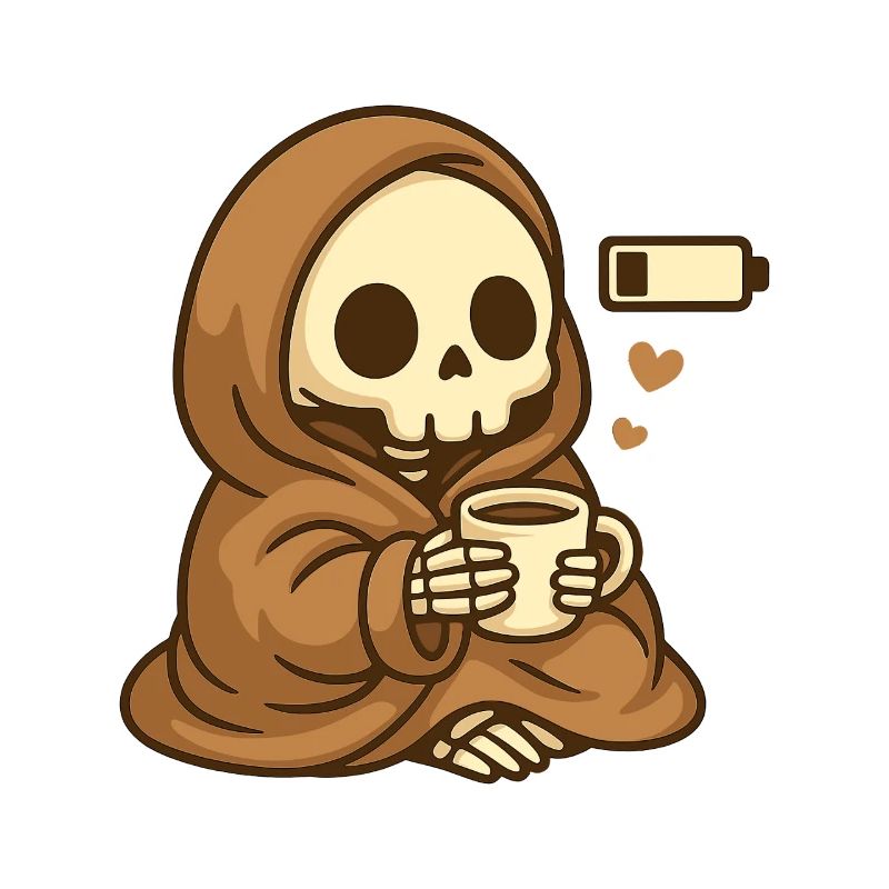 Low Battery Skeleton – Cozy Coffee