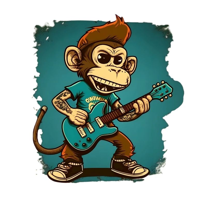 Affe Schimpanse spielt Acousitc Rock Gitarre