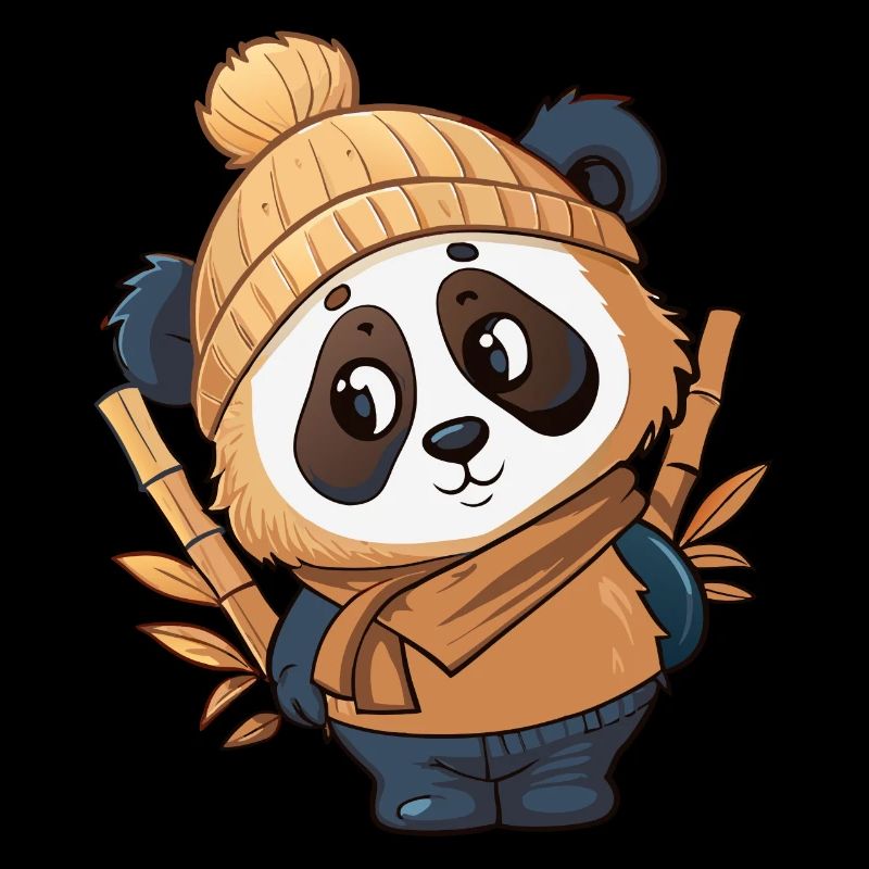 Panda mignon avec écharpe et chapeau à pompon.